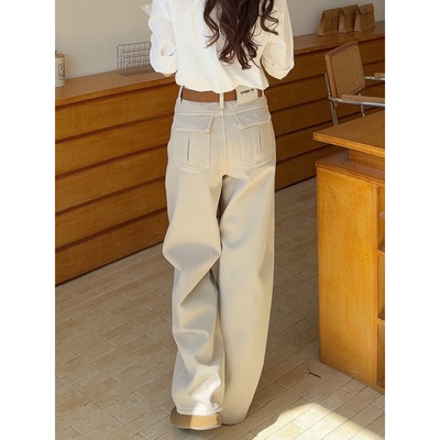 奶茶色窄版休闲阔腿牛仔裤女秋冬新款复古宽松显瘦直筒拖地长裤子