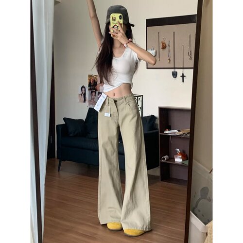 美式卡其色低腰微喇休闲牛仔裤女秋季新款宽松显瘦不贴腿喇叭裤子