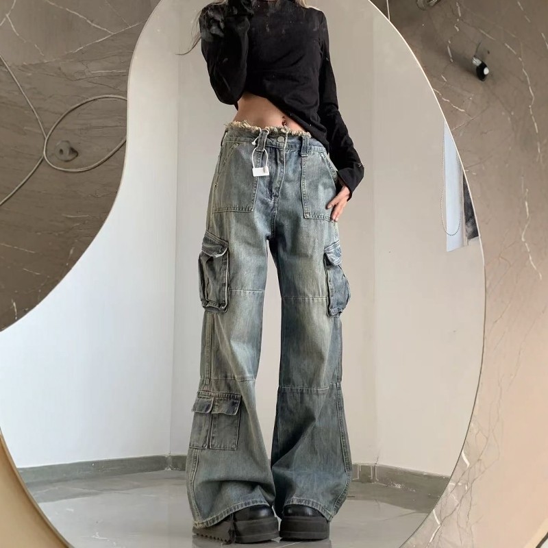 美式复古牛仔工装裤女春秋新款高腰宽松直筒阔腿裤显瘦微喇叭裤子,女装/女士精品,卫裤,淘宝优惠券,粉丝福利购,淘宝优惠卷