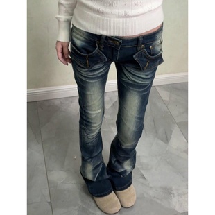 显瘦百搭喇叭裤 女秋冬修身 复古水洗做旧设计感低腰微喇牛仔裤 美式