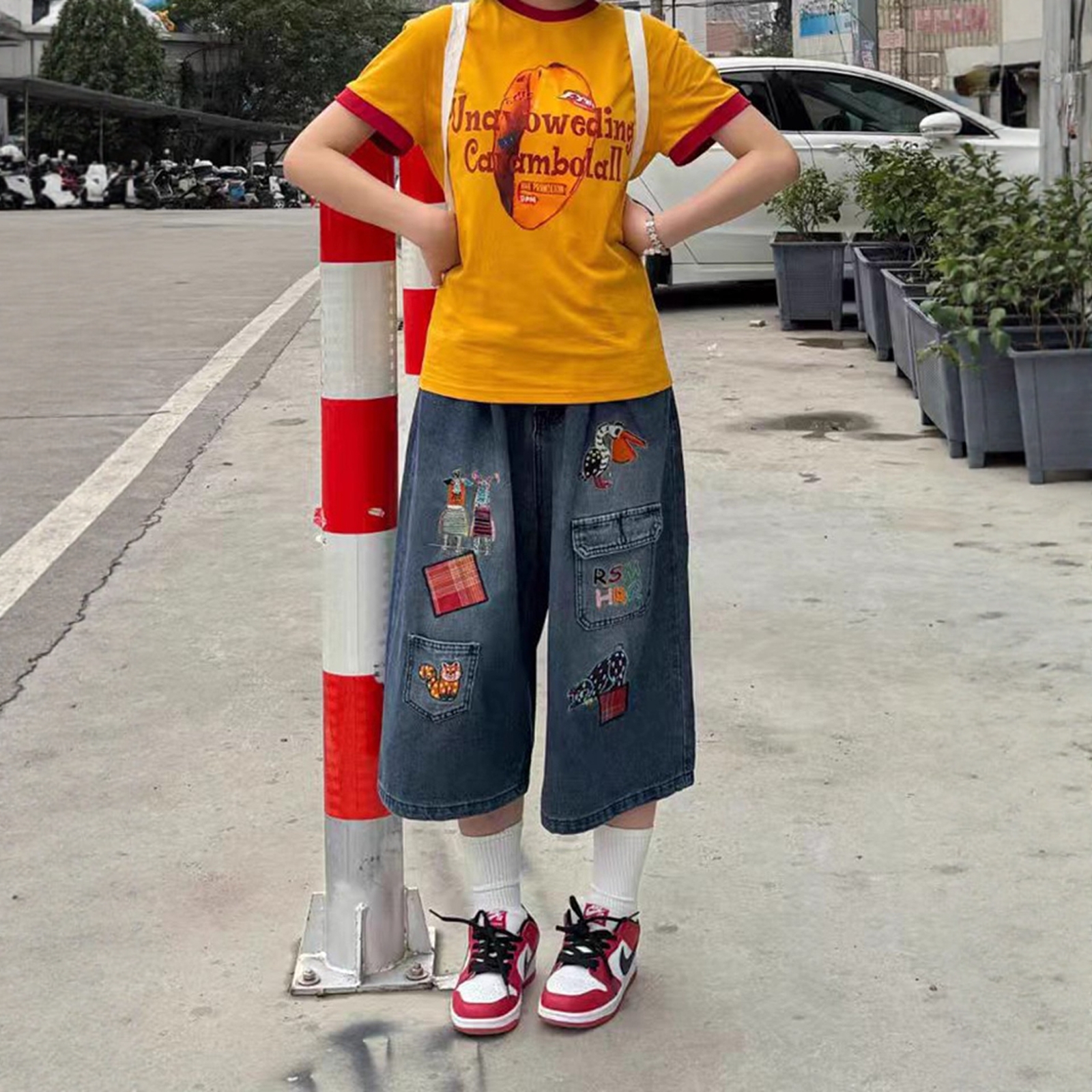 刺绣牛仔裤高腰牛仔裤休闲短裤子