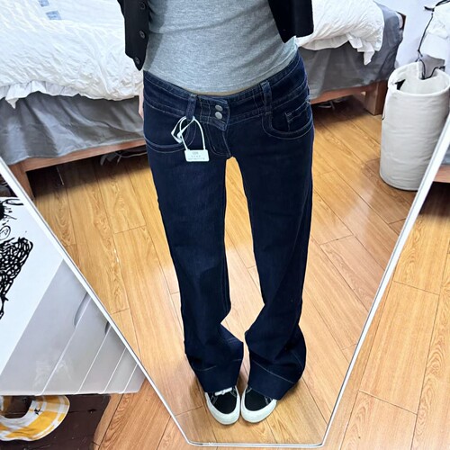 丹宁蓝原色低腰窄版阔腿牛仔裤女秋季新款双扣美式辣妹直筒微喇裤