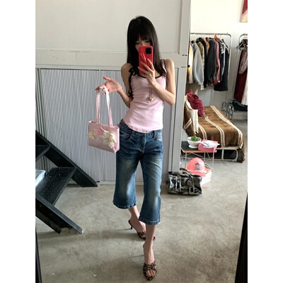 美式复古蓝低腰辣妹七分微喇牛仔裤女夏季新款宽松显瘦休闲裤子潮