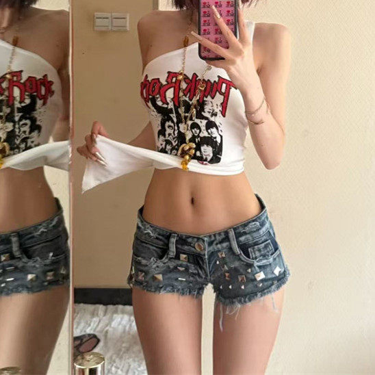 y2k辣妹铆钉低腰牛仔超短裤女夏季新款毛边美式复古蓝色包臀热裤