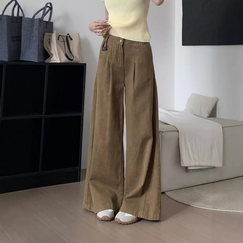 美式复古褶皱黄金叶阔腿牛仔裤女秋冬新款高腰宽松显瘦拖地长裤子