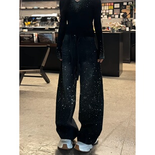 美式重工黑色满天星烫钻阔腿牛仔裤女2026春季新款高腰宽松弯刀裤