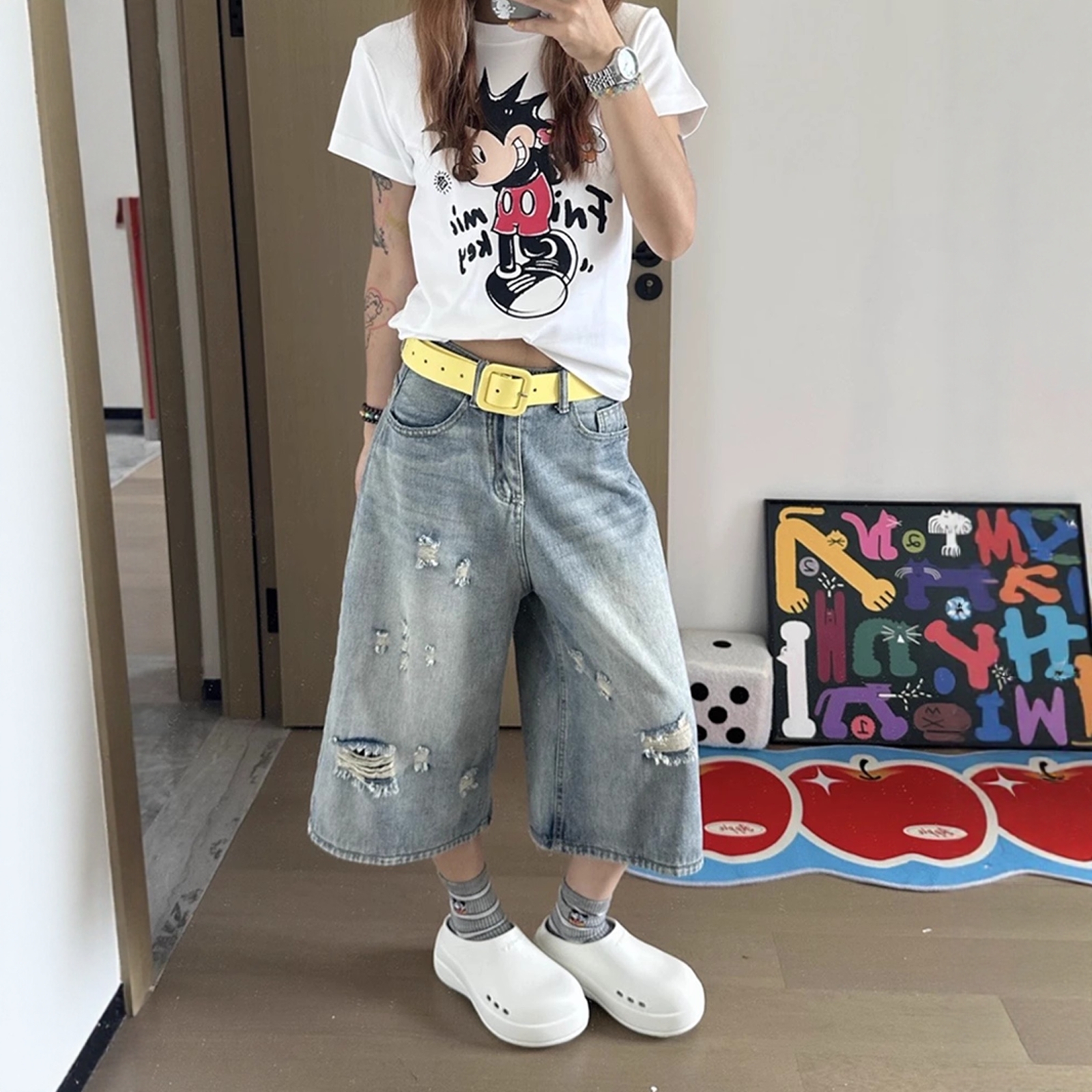 破洞牛仔裤高腰牛仔裤休闲短裤子