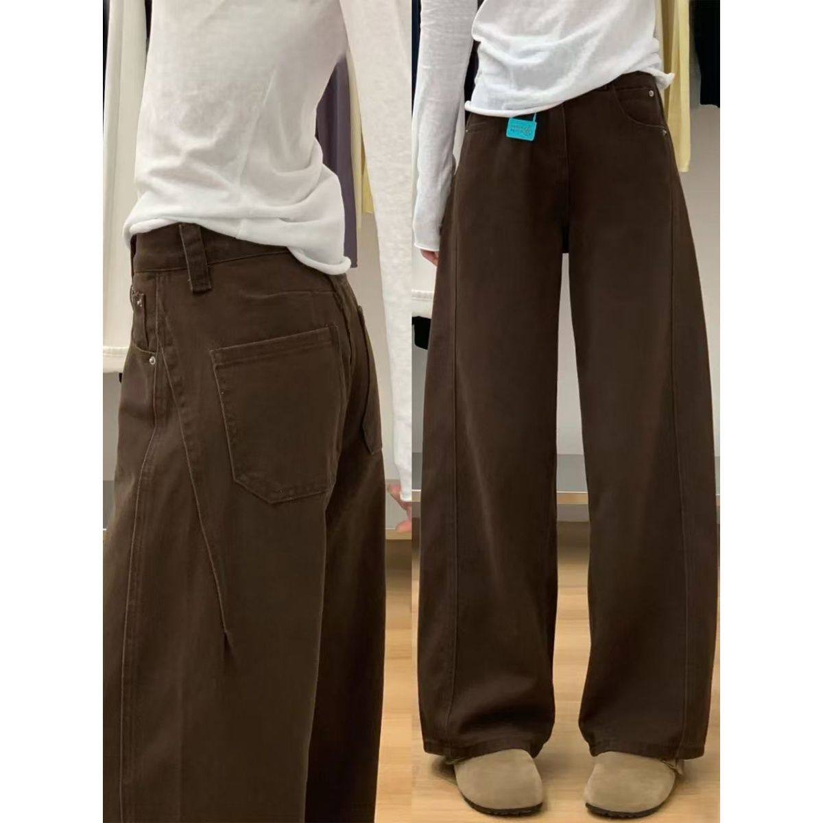 美式棕色弯刀阔腿牛仔裤女秋季新款高腰宽松休闲百搭直筒长裤子潮,女装/女士精品,卫裤,淘宝优惠券,粉丝福利购,淘宝优惠卷