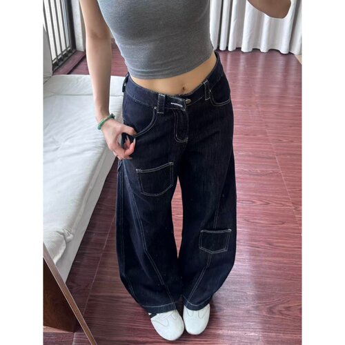 美式复古原牛色弯刀牛仔裤女秋季新款高腰宽松设计感阔腿拖地长裤