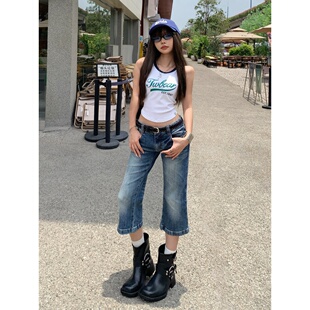 美式复古低腰辣妹微喇叭七分裤子夏季新款修身显瘦百搭牛仔短裤女