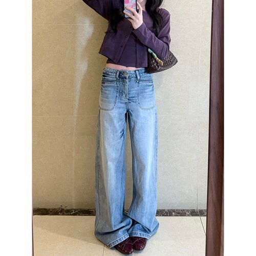 美式复古高街水洗蓝阔腿牛仔裤女夏季新款宽松显瘦百搭拖地长裤子