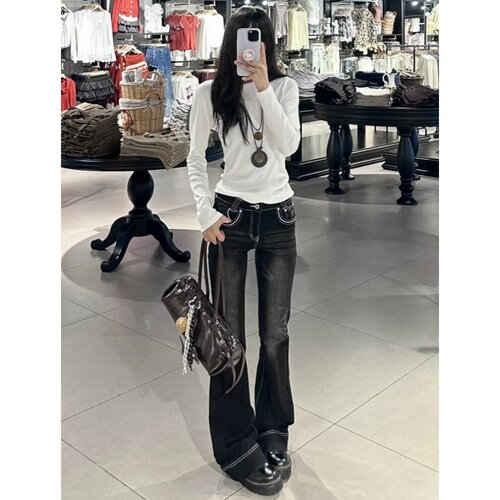 美式黑色微喇牛仔裤女2026秋季新款低腰修身显瘦辣妹喇叭拖地裤子
