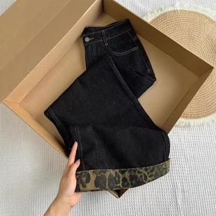 子 美式 复古黑色豹纹卷边阔腿牛仔裤 女秋冬季 高腰宽松撞色直筒长裤