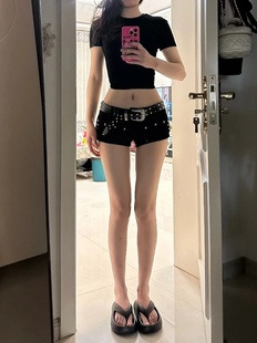 子 美式 辣妹y2k包翘臀水钻铆钉骷髅头牛仔裤 女低腰显瘦超短裤 热裤
