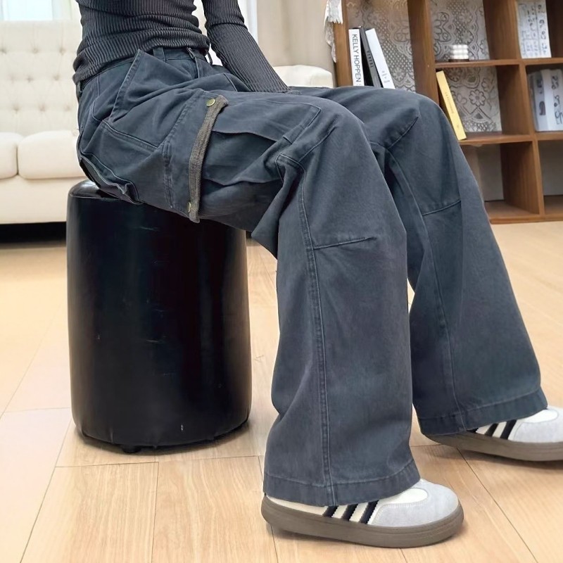 美式复古阔腿工装牛仔裤女网红新款宽松直筒设计感休闲长裤子春季,女装/女士精品,卫裤,淘宝优惠券,粉丝福利购,淘宝优惠卷