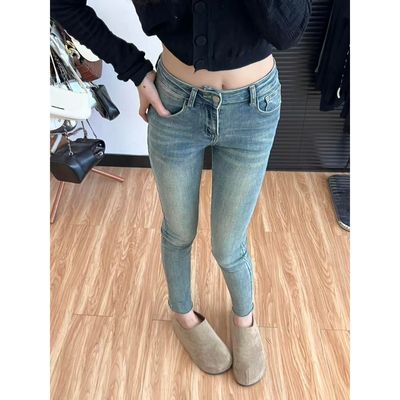美式毛边铅笔牛仔裤女春秋中低腰紧身弹力小脚裤小个子紧身裤裤子