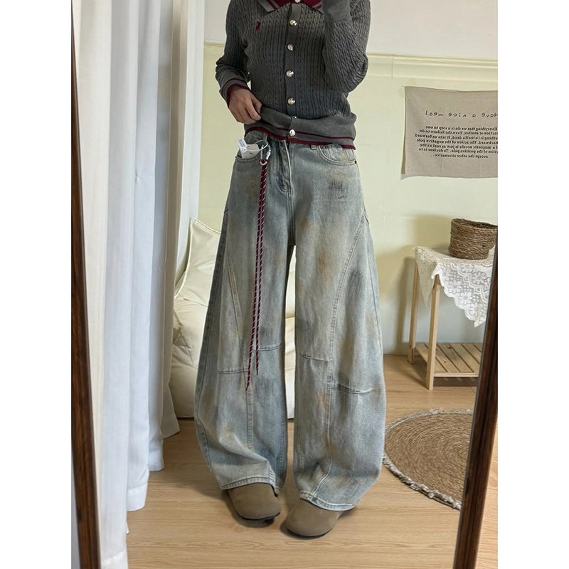 美式复古脏染弯刀裤牛仔裤女春季新款设计感高腰宽松工装阔腿裤子,女装/女士精品,牛仔裤,淘宝优惠券,粉丝福利购,淘宝优惠卷