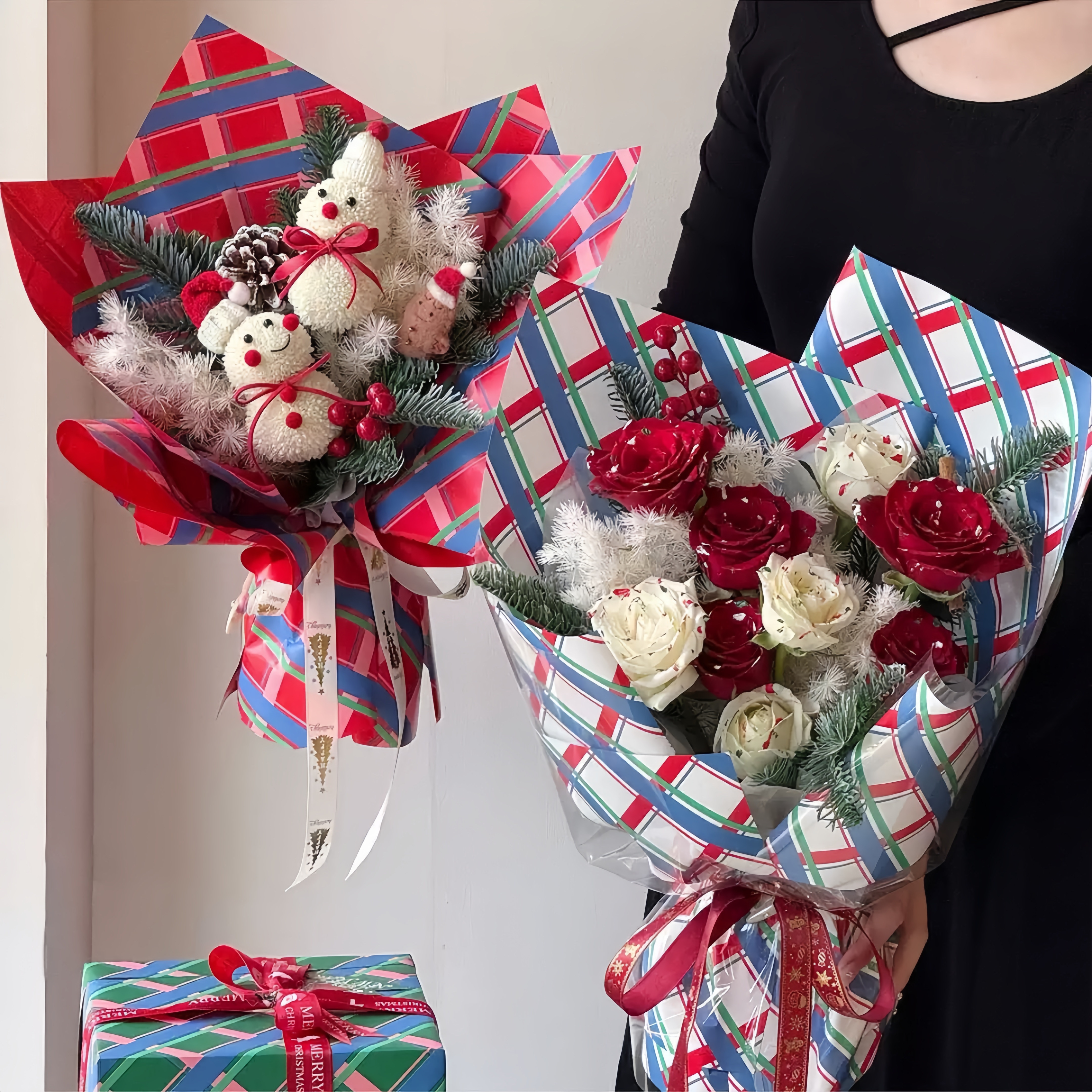 新款圣诞卡通文艺鲜花花束包花纸平安果包装纸圣诞节礼盒包装材料