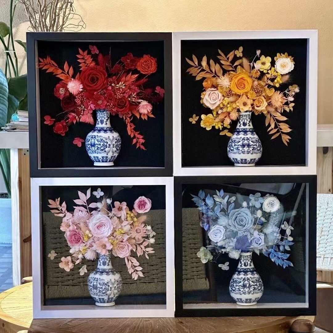 创意母亲节永生花玫瑰花画框相框新中式花艺陶瓷花瓶家居摆件礼物