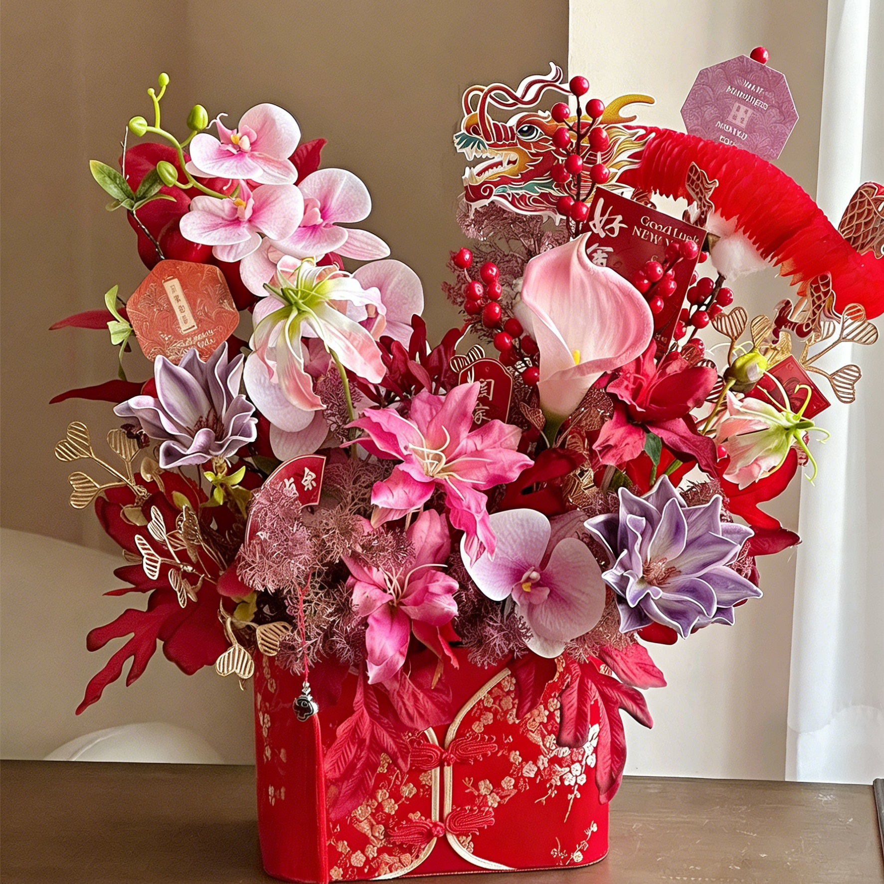 2026新年春节高级感旗袍风锦瑟布料桶鲜花花束插花桶手工diy礼盒