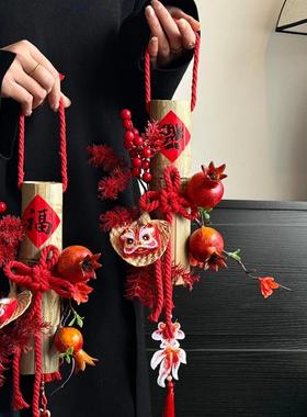 创意竹筒万字节新年春节乔迁新居客厅摆件年宵花小扫把装饰门挂