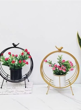 铁艺小鸟花器仿真花发财红果插花花器仿真花插花摆件福桶装饰花篮