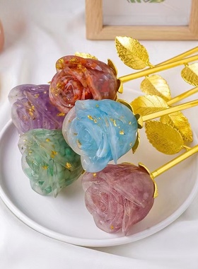 情人节浪漫玫瑰礼物水晶碎石手工制作东陵玉红玛瑙金箔工艺品摆件