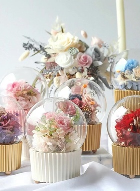 创意蛋糕纸杯造型永生花玻璃球旋转八音盒玫瑰音乐盒摆件展示罩