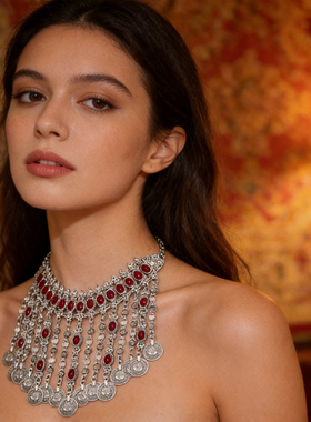 复古民族风红钻项链波西米亚风