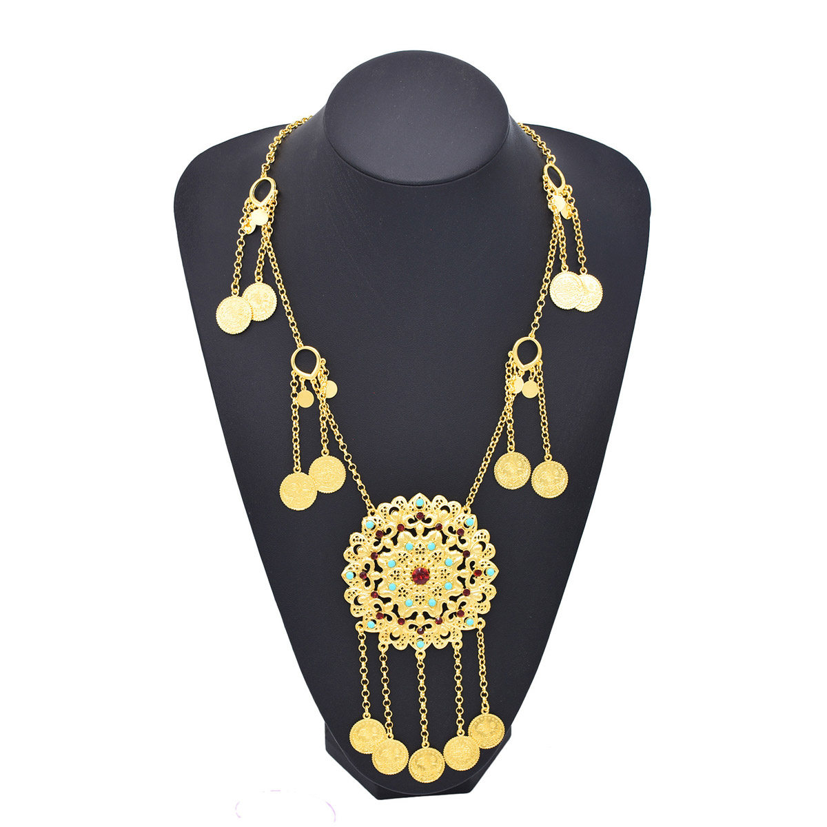 新款金色流苏毛衣链配饰民族风合金钱币项链水钻波西米亚古风项饰