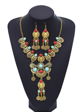 异域风复古钱币流苏项链耳环套装