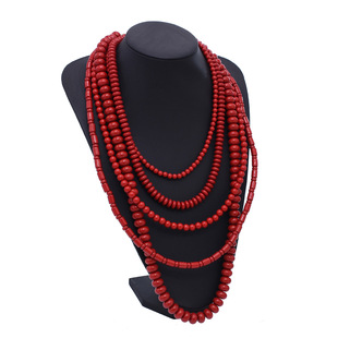 新款多层女式叠戴项链复古民族风长款红色串珠毛衣链夸张饰品配饰