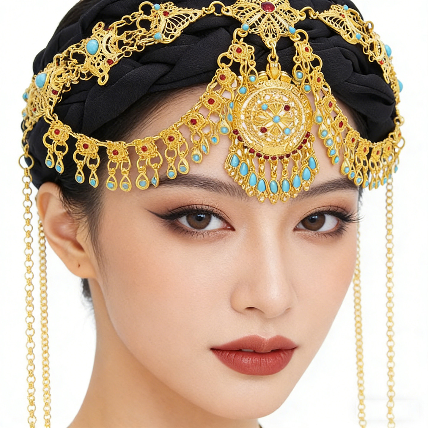 复古民族风长流苏发箍古风水钻仿松石吊坠轻奢舞会发饰汉服写真