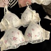 无钢圈三角杯甜美文胸罩套装 法式 田园蕾丝内衣少女显小胸聚拢薄款