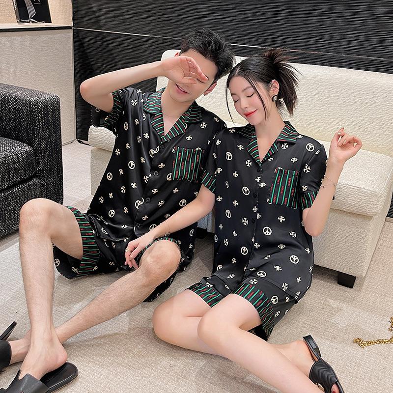 高档冰丝情侣睡衣女夏季新款短袖长袖三件套宽松大码外穿韩版家居