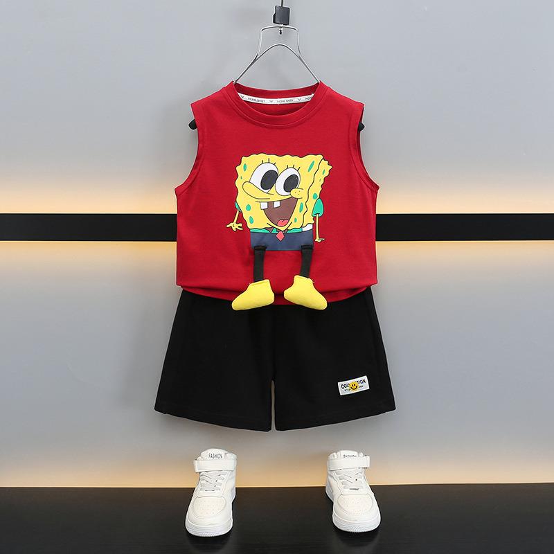 高档男童夏季背心套装2025新款帅气小男孩夏装无袖儿童海绵宝宝衣