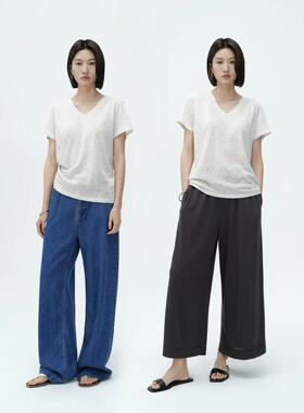 QM【液氨汉麻T】汉麻休闲套头透气V领T恤女士短袖6012