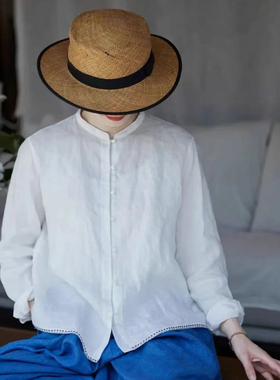 夏季皎玉白72支长纺汉麻小立领女宽松新中式衬衫24163