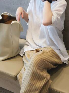 【紫苏裤子】春夏自留款法国亚麻质感小众条纹舒适直筒裤2575