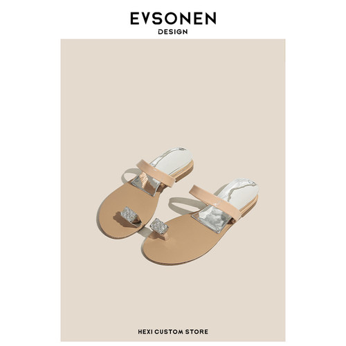 【Evsonen】2024新仙女风鸽子蛋二代水钻套趾平跟凉拖鞋女夏外穿