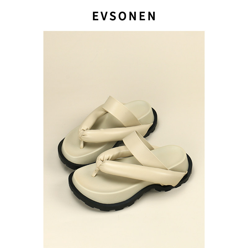 Evsonen2024夏季新款小众厚底泡泡面包夹脚人字拖女外穿拖鞋凉鞋
