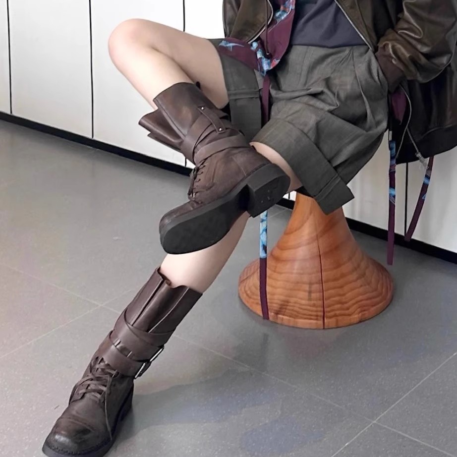 靴子女短靴复古增高长筒靴皮带扣