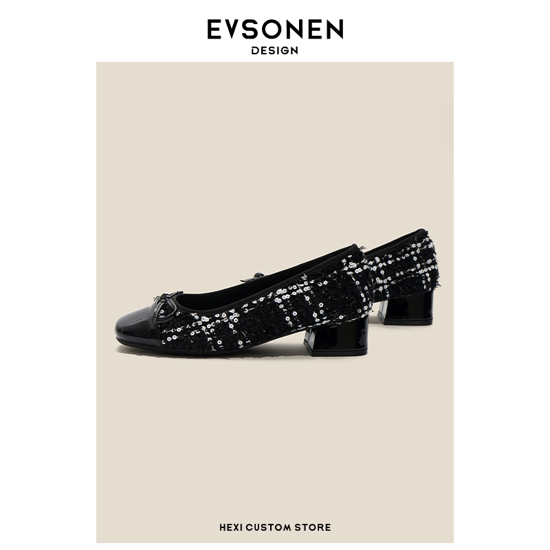 【Evsonen】芭蕾舞鞋女外穿蝴蝶结女小香中跟单鞋拼色女复古女鞋