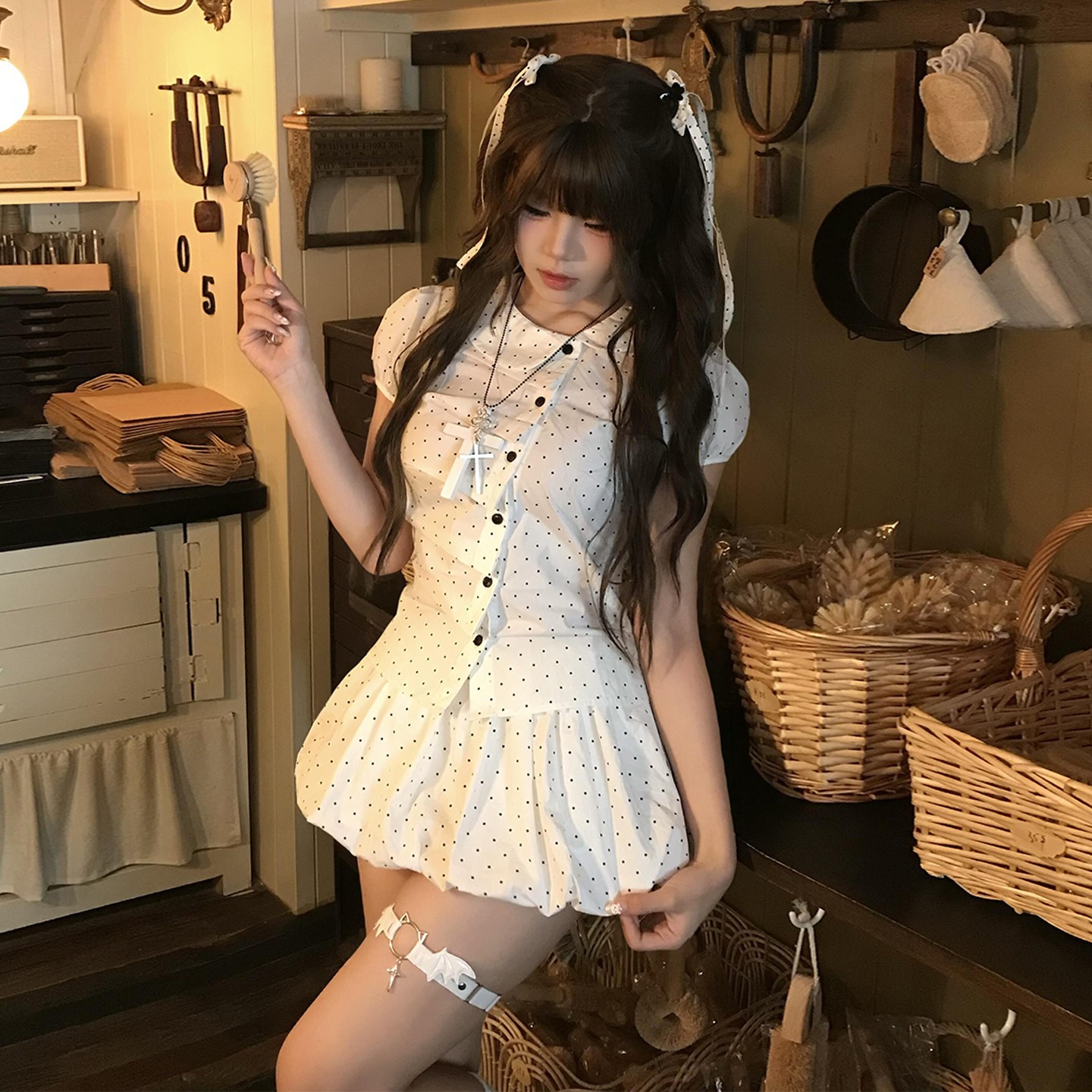 白色波点娃娃领连衣裙子女2025新款夏季法式甜美小个子花苞裙套装