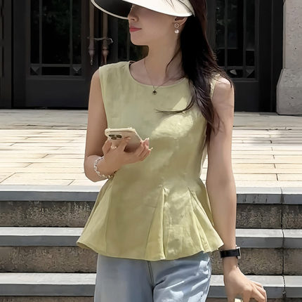 亚麻衬衫女2025新款夏季时尚洋气时髦轻奢高级感无袖娃娃衫上衣女