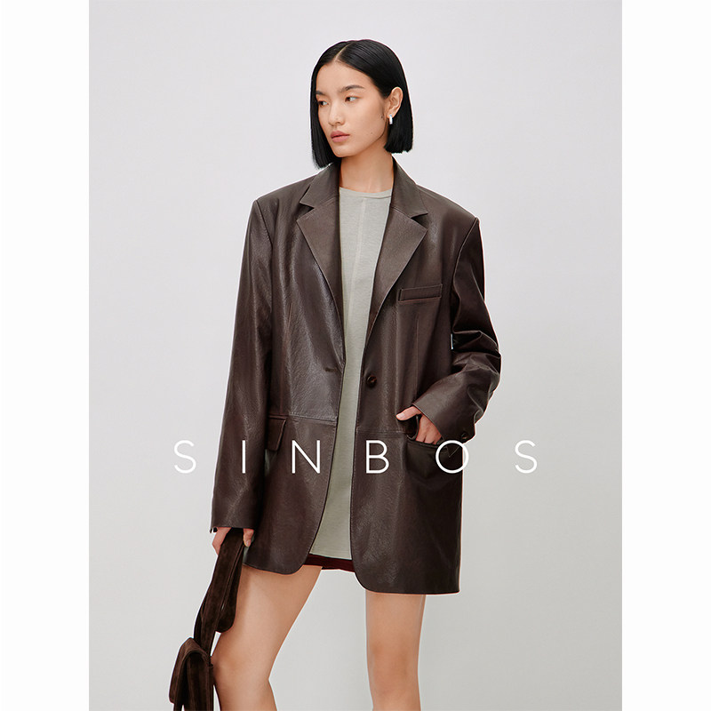 塔尔 真皮皮衣女宽肩廓形西装植鞣羊皮复古外套SF4D20331