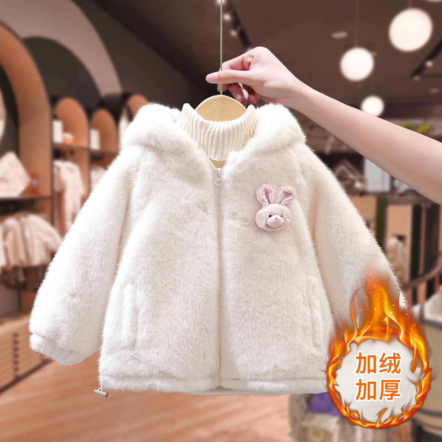 小希优品女童加绒外套冬季儿童新款加厚毛毛衣宝宝保暖连帽上衣潮