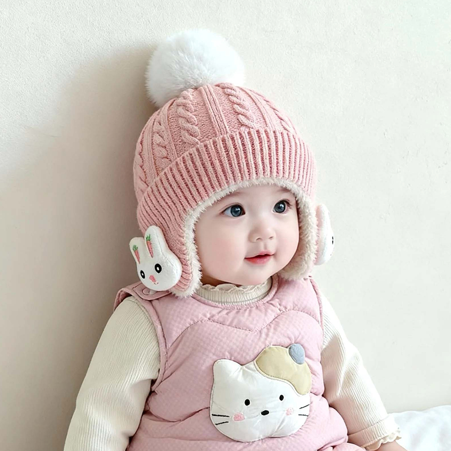 婴儿帽子秋冬款男女宝宝针织护耳帽可爱小兔子防风保暖毛线帽冬天