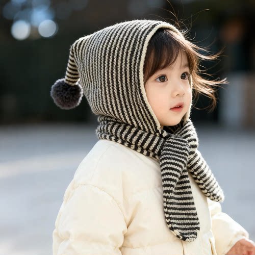 儿童条纹围巾帽保暖毛线针织帽