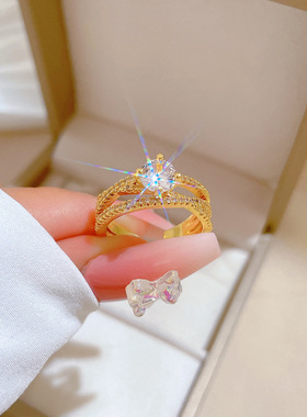 18K镀金开口戒指扭曲交叉个性指环食指戒网红同款简约冷淡风